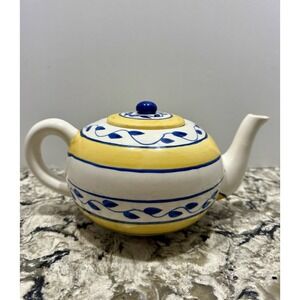 Elements Hand Painted Yellow Blue White Striped Tea Pot Kettle Pitcher Cottage
